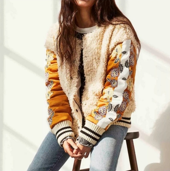 Free People Jackets & Blazers - RARE🌻 Free People Dandelion Furry Varsity Jacket